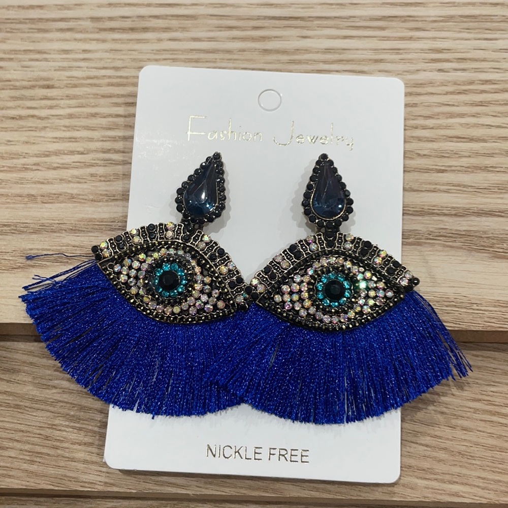 Royal blue statement evil eye earrings